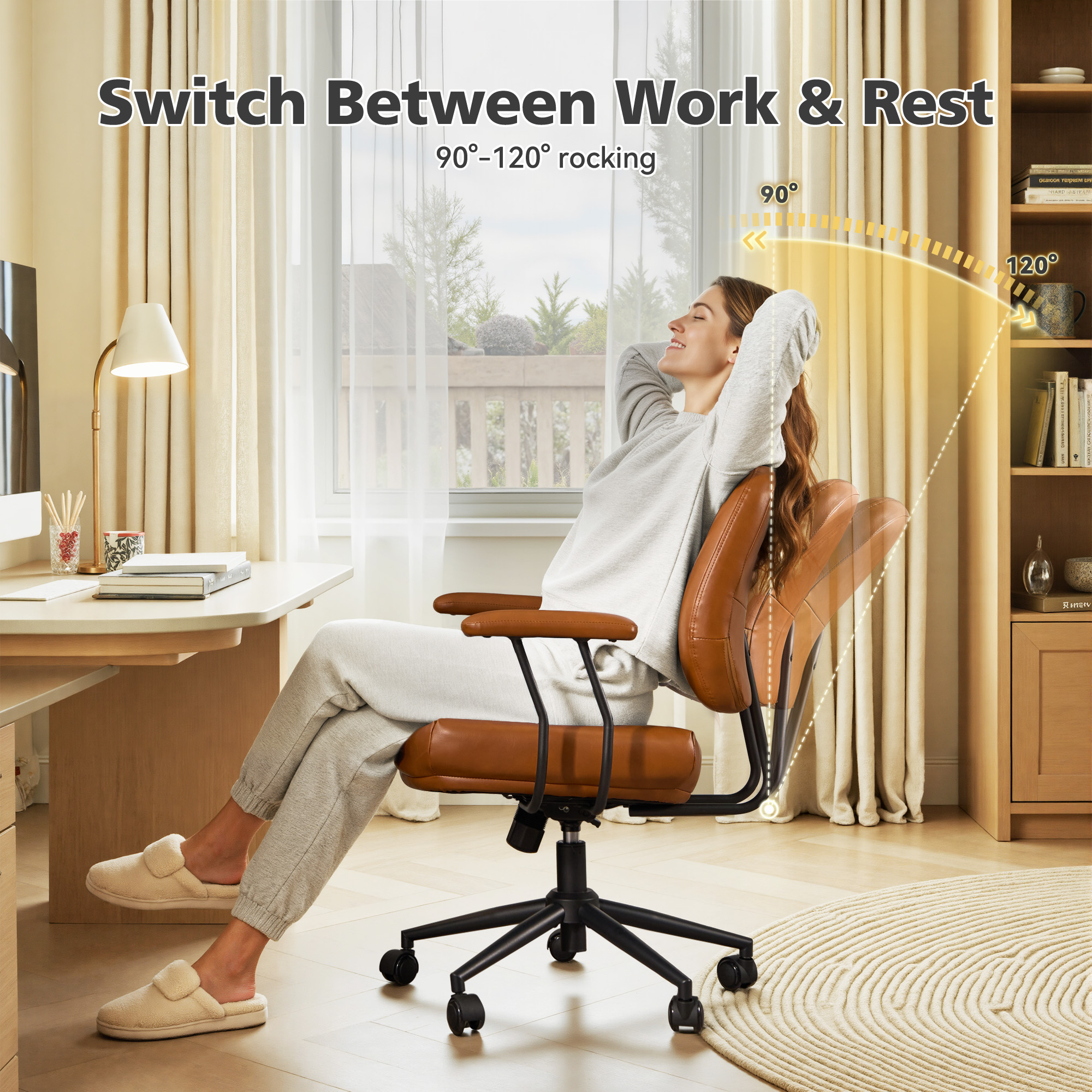 Toject Office Chair, Executive Desk Chair with Lumbar Support, Comfy Office Chair Adjustable Height Rolling Swivel Chair, Computer Chair Task Chair for Office Area, PU Leather, Brown