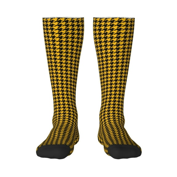 Fuzoiu Retro Yellow and Black Houndstooth Print Adult Stockings,Crew Socks,Unisex Fashion Socks, Casual Sports Socks,Comfortable Crew Socks for Everyday Wear and Sports