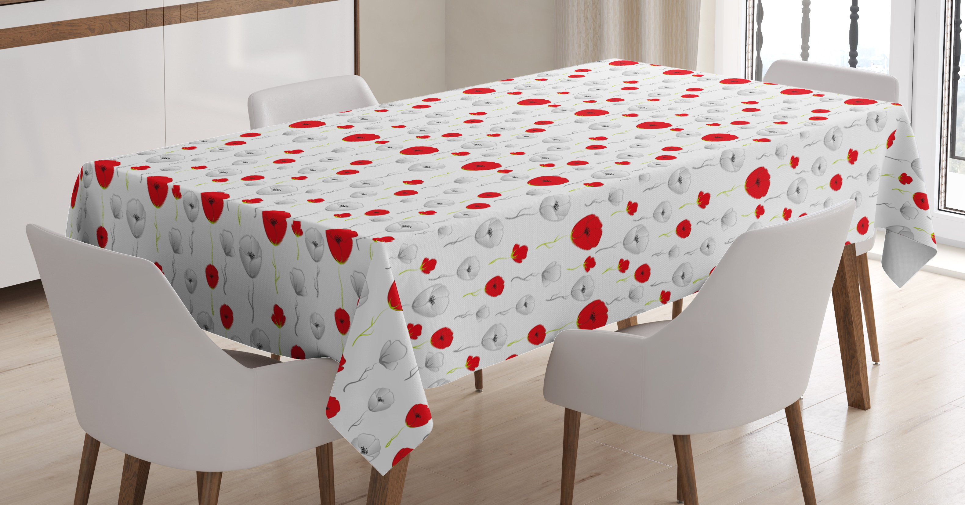 Poppy Tablecloth, Tender Spring Blossoms with Curly Stems Rural Flowers