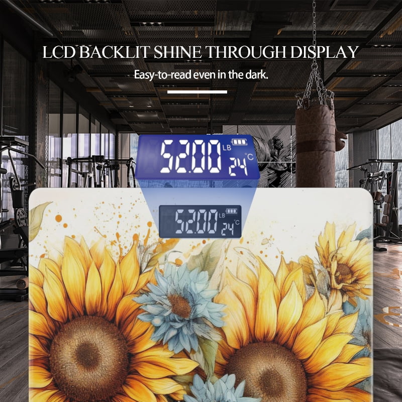High Precision Body Weight Scale Smart Bathroom Scales with Large LCD Display(400lbs),Decorative for Bedroom-Watercolor Painting Of Sunflowers And Blue Flowers