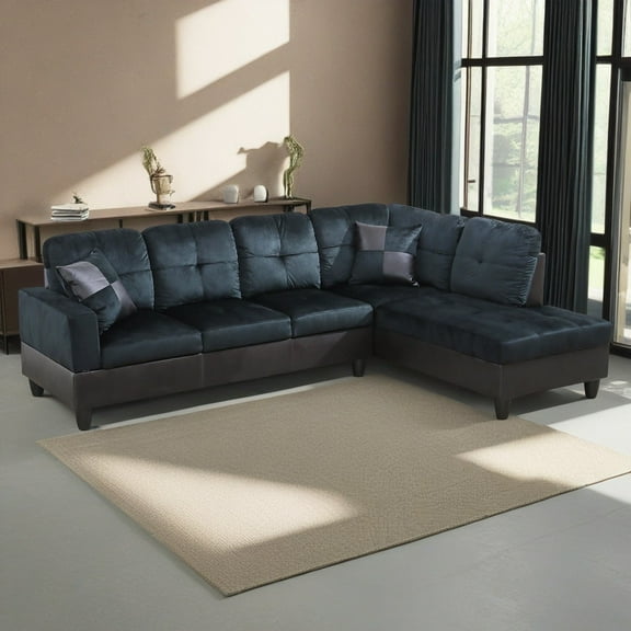 Hommoo 4 Seats Lint and PVC Sectional Sofa Couch Set, Modern L Shaped Sectional Couch, Living Room Furniture Set, Dark Blue and Brown