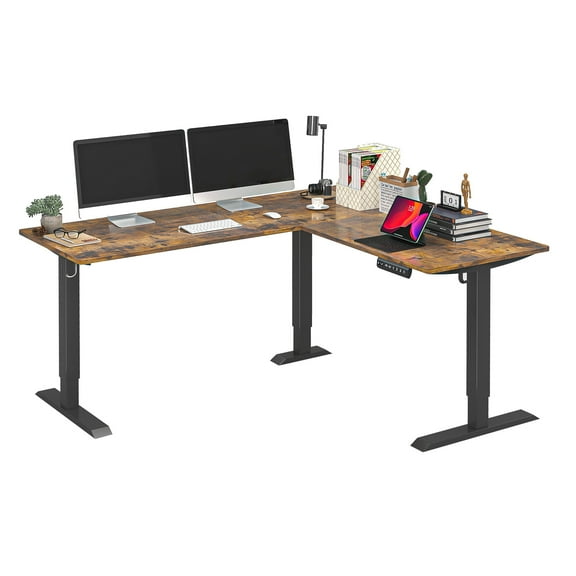 BREEZEHEAT 63" x 55.12" in Shaped Electric Standing Desk, Rustic Brown Top
