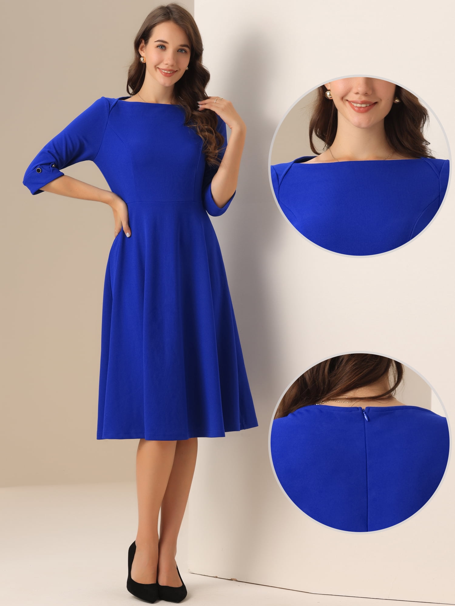 DARING DIVA Elegant Boat Neck Wear to Work Dress XS Royal Blue