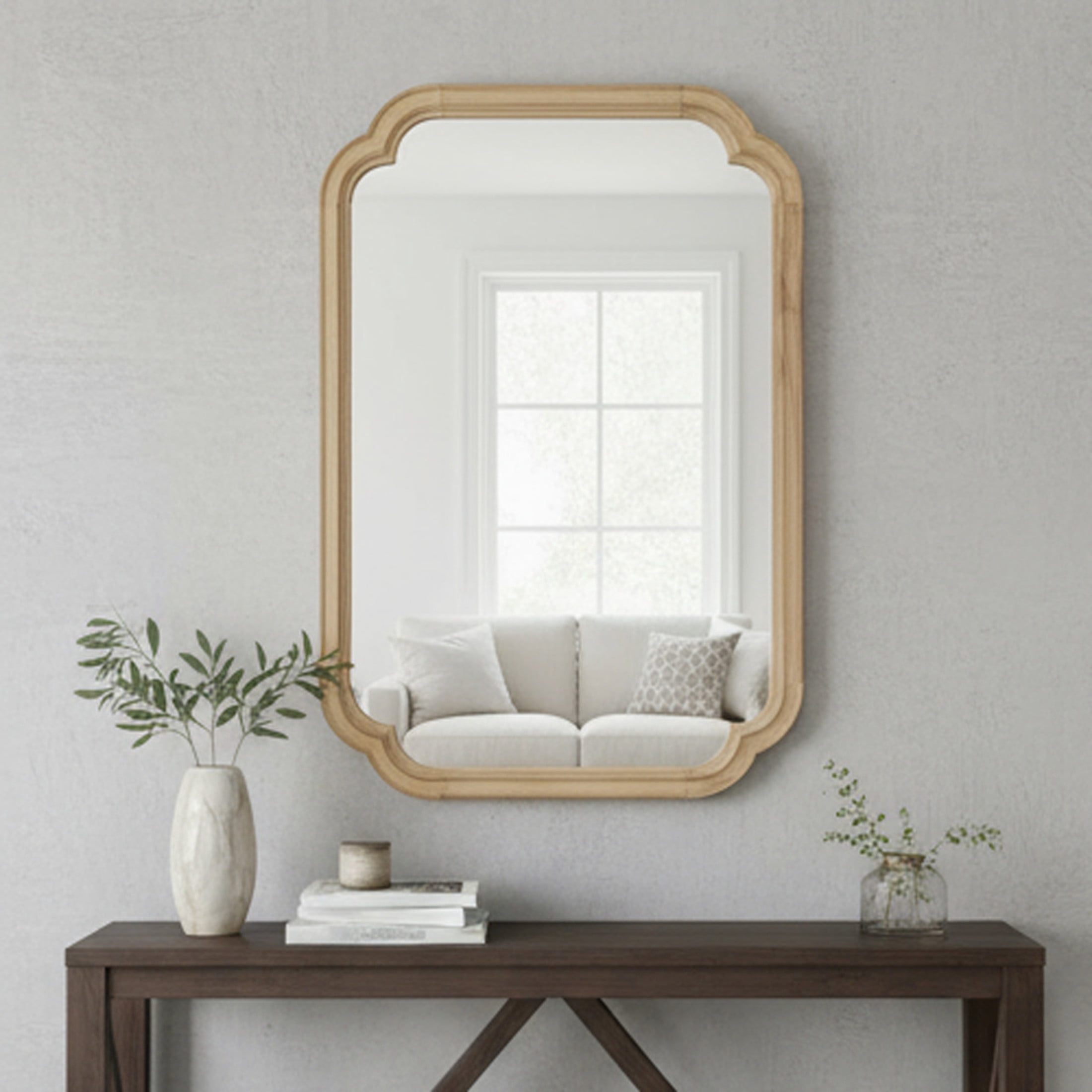 Noble House 24x36 Inch Rounded Corner Wall Mirror, Solid Wood Decorative Vanity Mirror, Natural
