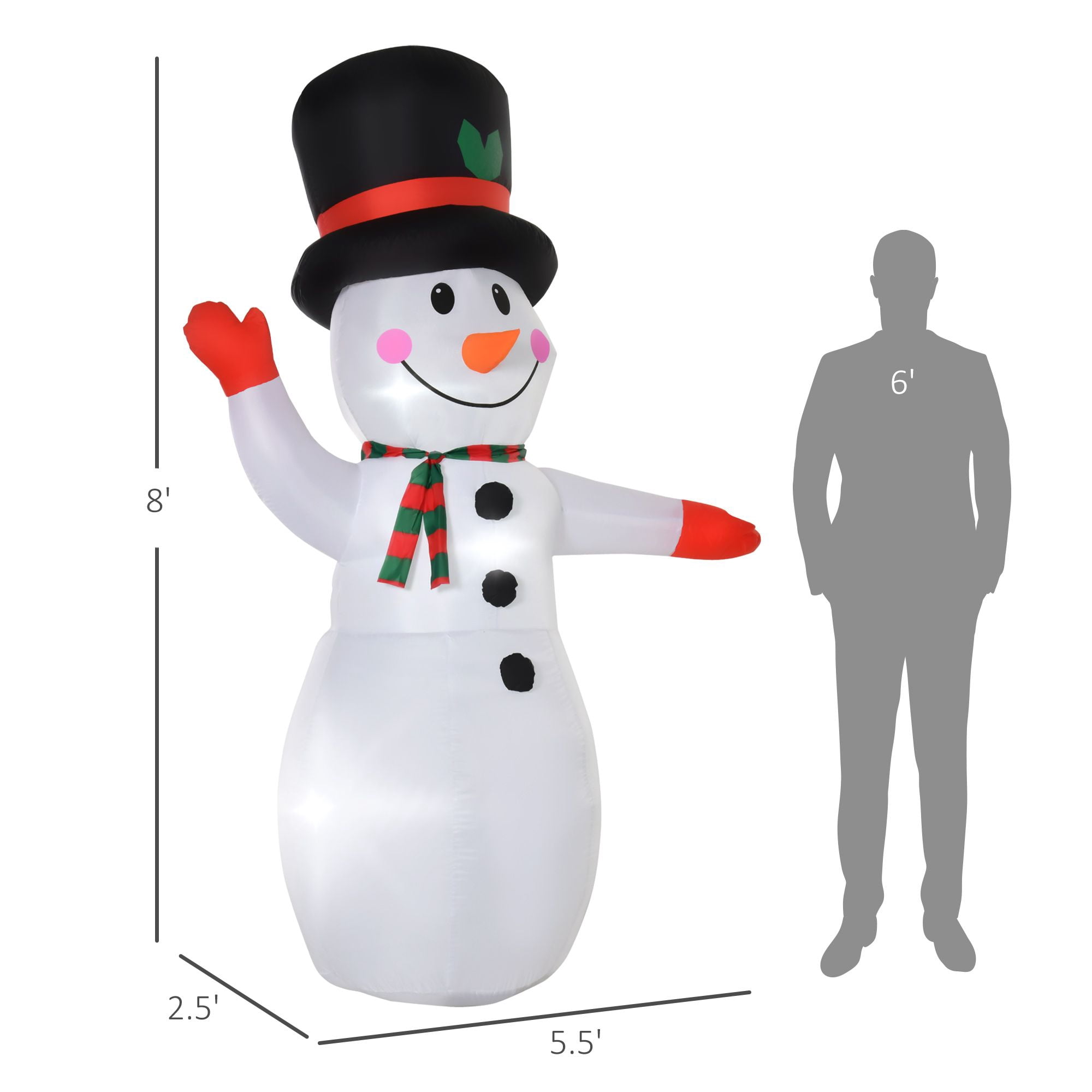 Christmas Snowman Inflatable Outdoor Decoration with LED Lights, 94.5 in Tall Blow-Up Yard Decor, Polyester, Includes Stakes, Ropes and Sandbag