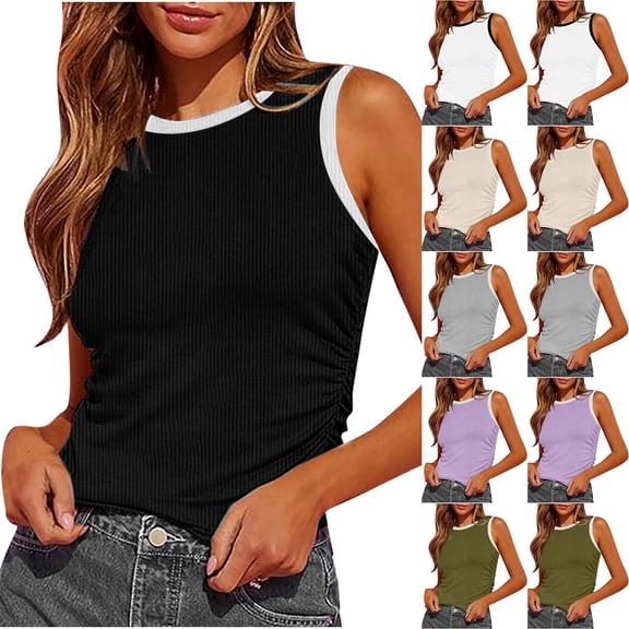 Wlynlyn Womens Summer Tank Tops Racerback High Neck Sleeveless Shirts Ribbed Knit Casual Basic Slim Fitted Cami Tees