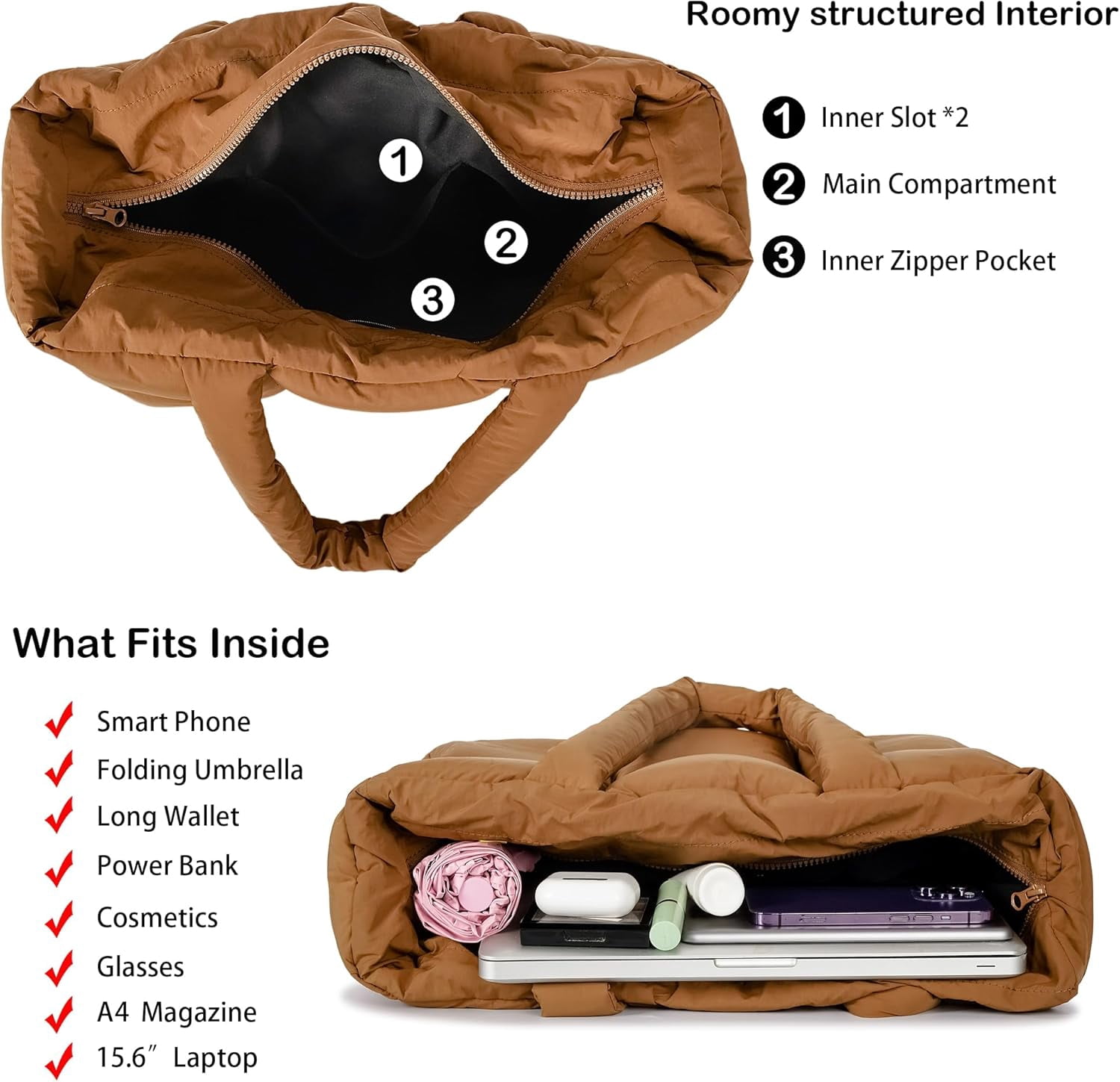 JennyShop Large Capacity Fashion Quilted Puffy Handbag, Herald Puffer Tote Bag for Women, Lightweight Satchel Purse for Working Travelling Gym Shopping