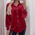 thumbnail image 4 of Moxiu Velvet Top for Women 2025 Long Sleeve Velvet Button Down Shirts Comfy Slim Fit Crushed Velvet Tops Vintage Blouses with Pockets Red,S, 4 of 9