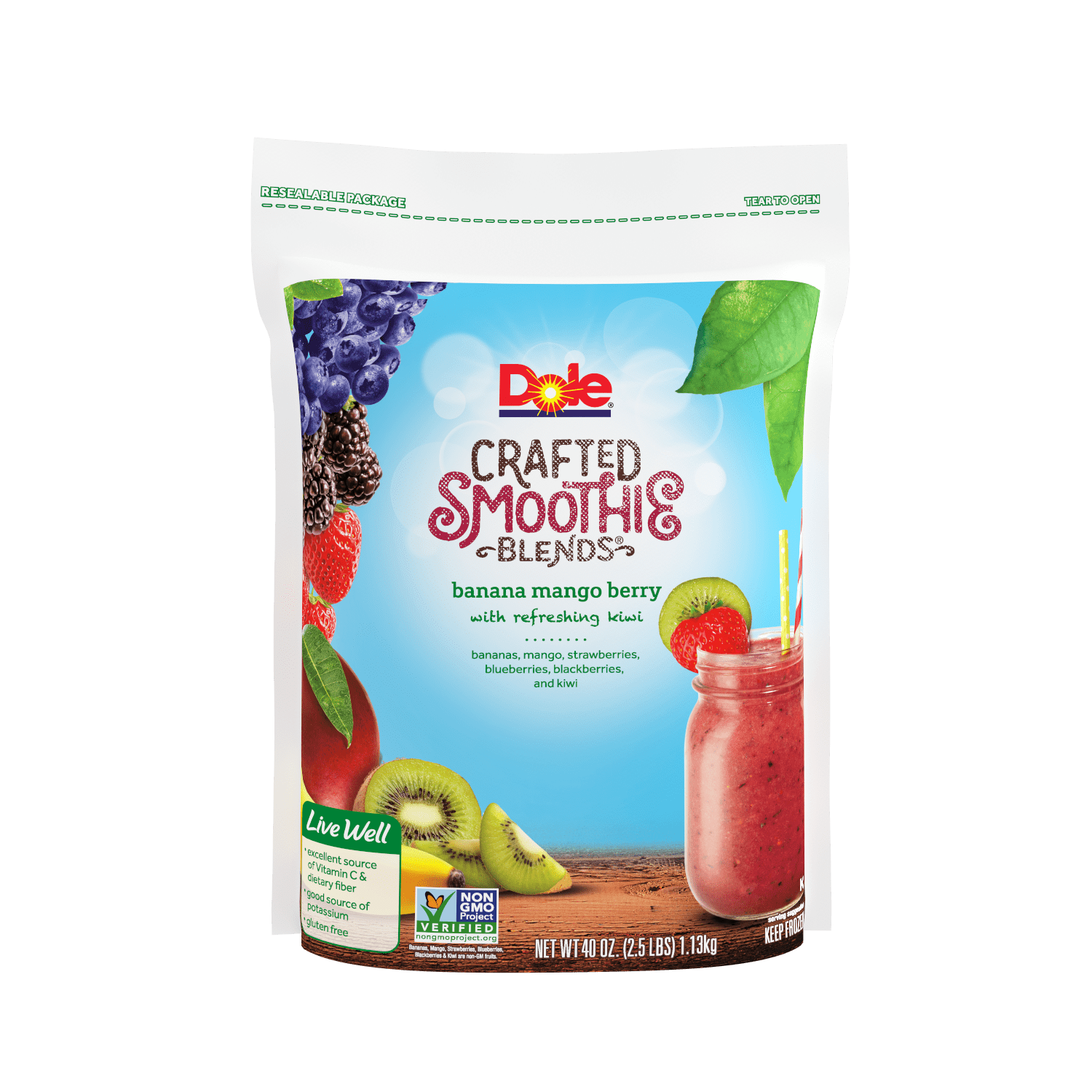 Dole Crafted Smoothie Blends Banana, Mango, Berry & Kiwi, 40 oz. Frozen