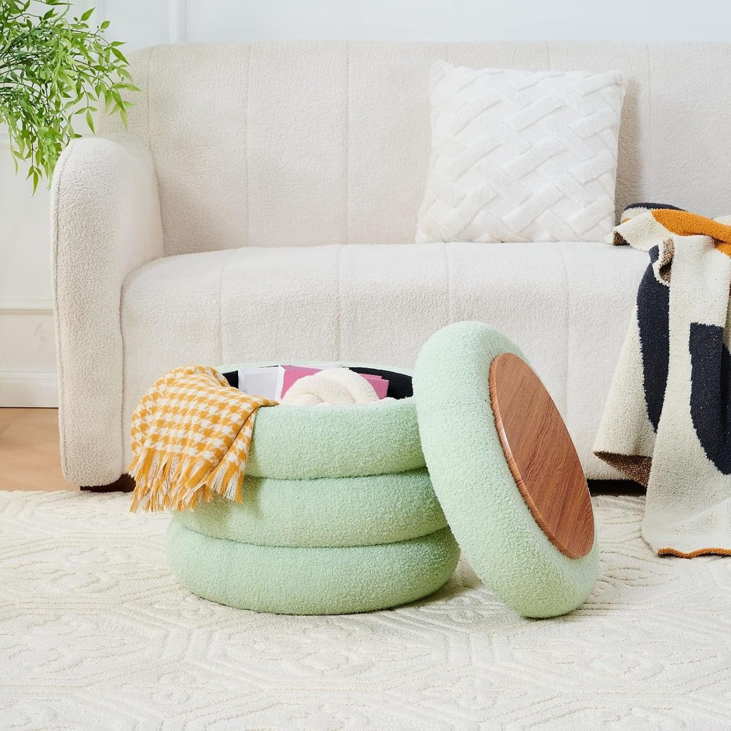 Casa Pura Furniture Round Storage Ottoman, Modern Sherpa Footstool, Teddy Vanity Stool with Flip-Top Tray, Makeup Chair for Home Decor, Upholstered Footrest for Living Room & Bedroom