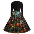 thumbnail image 3 of Nmnitkp Halloween Dresses High Cost Performance Halloween Dress for Women 1950s Vintage Pumpkin Printed Long Sleeve V Neck Plus Size Evening Prom Dresses with Belt Show Individuality Gothic Dress, 3 of 3