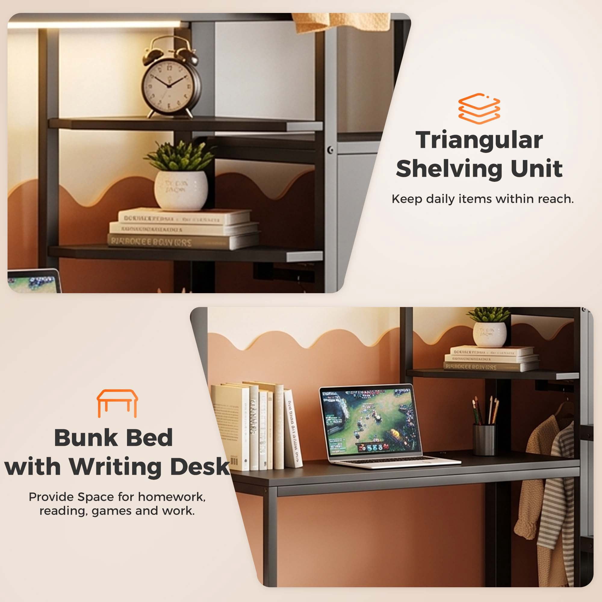 Miniyam Twin Over Twin Bunk Bed with Storage Stairs, Gaming Desk, LED Light and Power Outlet, Black