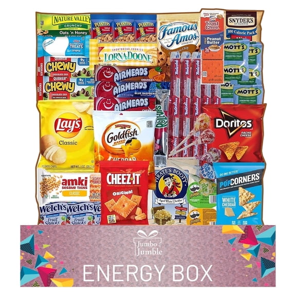 Jumbo Jumble Energy Snack Box (45 Count) Holiday Gift Care Package Snacks Variety Pack for Adults Teens Kids Men Women School College Office Birthday (Energy Set)