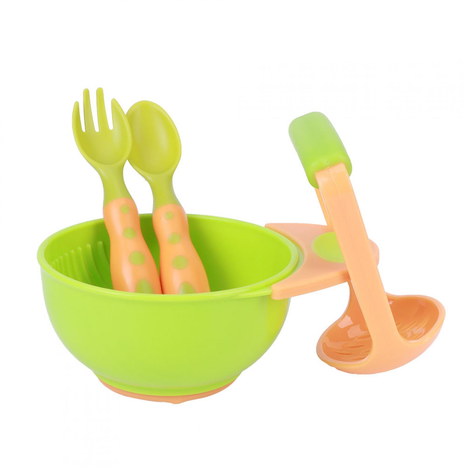 BIMZUC 4pcs Baby Food Masher Mash Serve Freshfood Bowl Infant Feeding Suction Spoons Set, Orange and Green