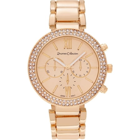 Journee Collection Women's Rhinestone Paved Roman Numeral Dial Link Bracelet Fashion Watch, Rose Gold