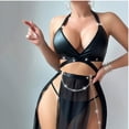 thumbnail image 6 of Sexy lingerie for Women,Mesh Sheer Long Dress and Thong 2Piece Set PU Leather Halter Bra Sheer Nightwear for Roleplay, 6 of 6