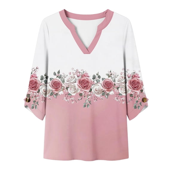Tqcoqu Women's Casual Loose Tunic Tops Blouses,V Neck 3/4 Sleeve Floral Print Fit Tops,White-A Women's S-XL