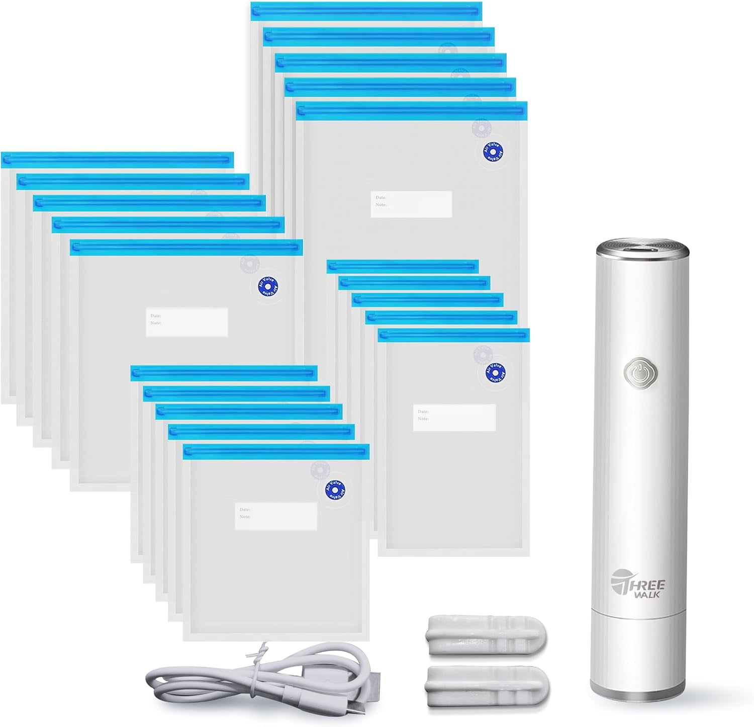 THREEWALK Handheld Vacuum Sealer Machine-Powerful Pro Vacuum Food Sealer Set 20 Multi-Sized Reusable Zipper Sous Vide Vacuum Bags Electric Pump.Mini USB Rechargeable, Clips for Anova, Joule