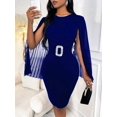 thumbnail image 3 of Navy Blue Bodycon Dress With Sheer Cape Sleeves And Rhinestone Belt, 3 of 7
