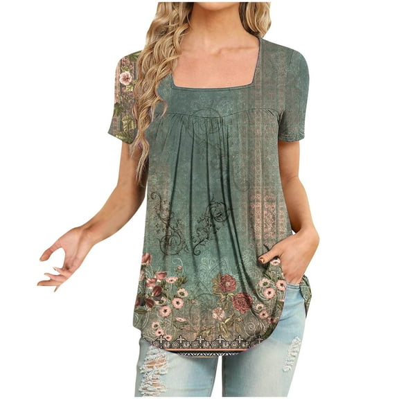 Pincandy Women Fashion Casual Short Sleeve Loose T-Shirt Petal Short Sleeve Summer Casual Crew Neck Shirts Floral Solid Blouse Pleated Tunics,Army Green,M