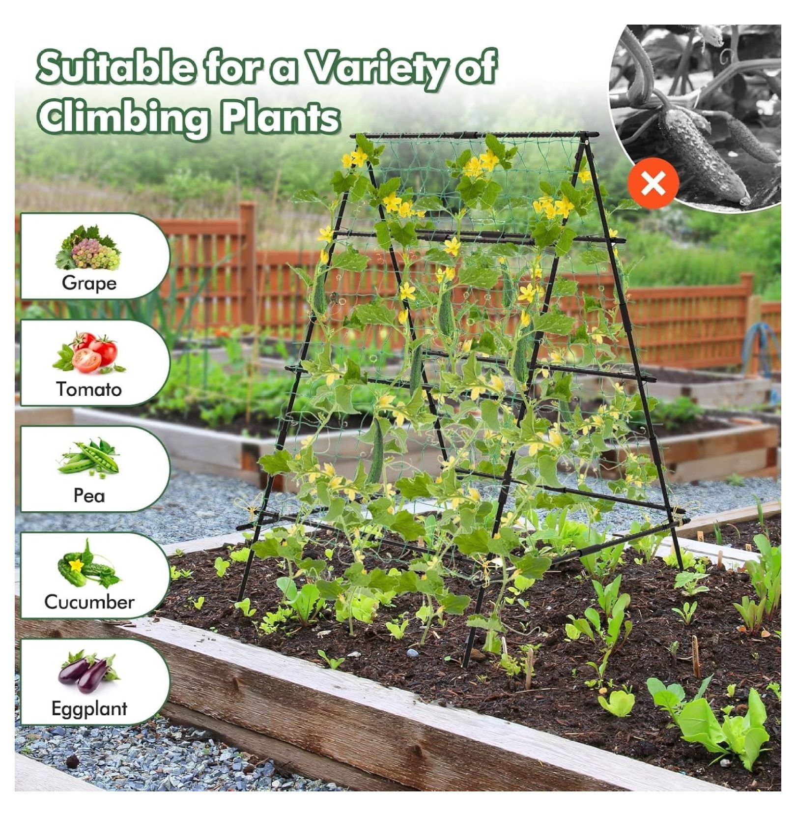 Garden Trellis for Climbing Plants Outdoor, A-Frame Plant Trellis with Netting, Heavy Duty Metal Poles, Plant Clips for Vines, Vegetables, Flowers
