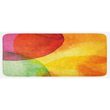 Abstract Kitchen Mat, Abstract Watercolor Painted Paper Style in Modern Art Design Print, Plush Decorative Kitchen Mat with Non Slip Backing, 47" X 19", Yellow Orange Lime Green, by Ambesonne