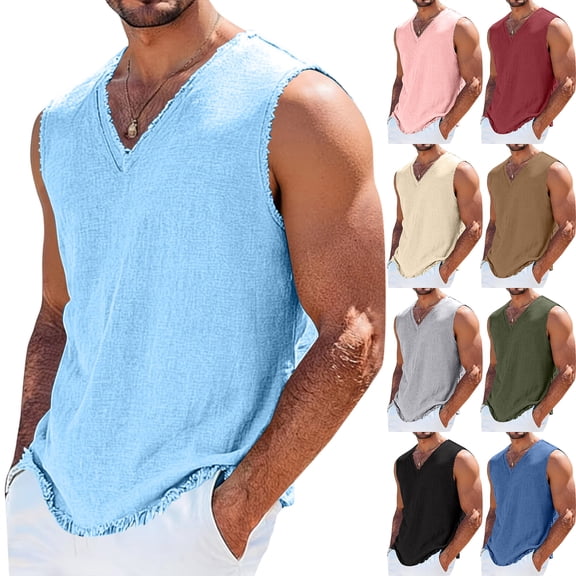 Linen Tank Tops for Men Breathable V-Neck Sleeveless Shirts Relaxed Fit Summer Casual Big and Tall T-Shirt, 3XL