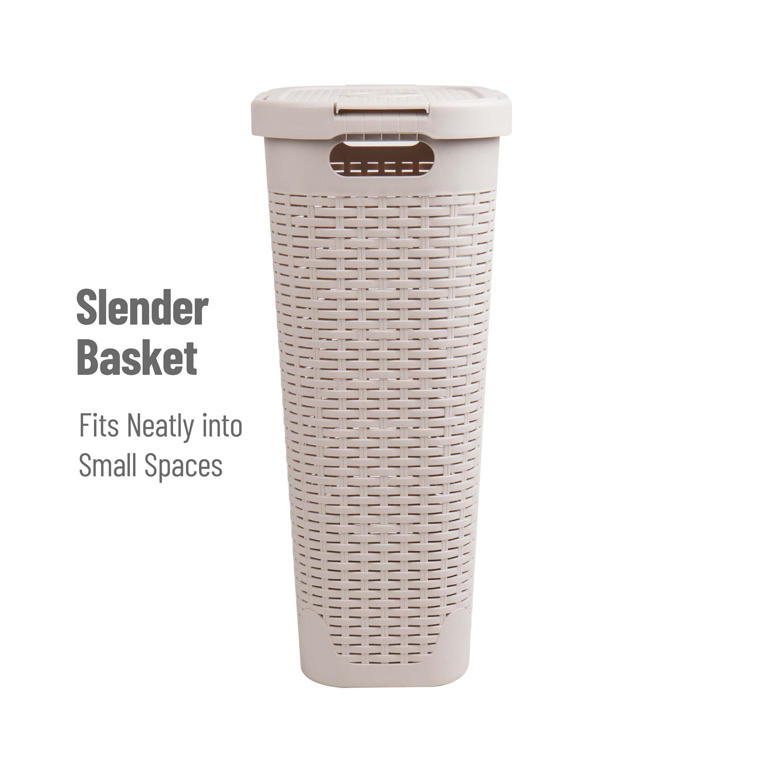 Mind Reader 40L Slim Laundry Hamper, Clothes Basket, Lid, Wicker Design, Plastic, 18"L x 10.4"W x 23.5"H, Set of 2, Ivory