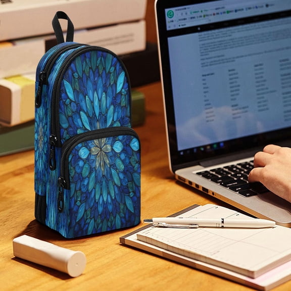 Backpack Pencil Case, 3 Compartment Large Capacity Oxford Fabric Pencil Pouch / Blue Glass Leaves Pattern