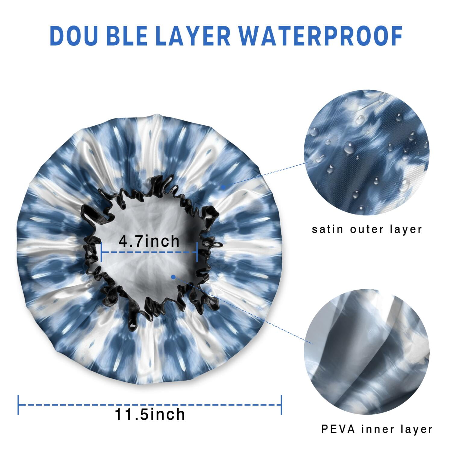 Shower Caps,Blue Tie Dye Starburst Pattern Waterproof Shower Cap for Women 4 Pieces,Double Reusable Hair Cover for Shower PEVA Elastic Stretch Hem