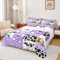 Homewish Fashion Cow Print Queen Sheet Sets, Rustic Farmhouse Animal Flat Sheet, Dreamy Purple Patchwork Queen Fitted Sheet, Breathable Home Decor, 4-Piece