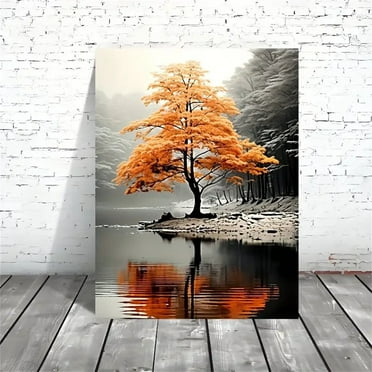 1pc Modern Orange & Gray Forest Canvas Wall Art with Wooden Frame - 0.89inch Thick, Vibrant Foliage Reflection in Water, High-Quality Print for Living Room, Bedroom, or Kitchen Decor, Large Canvas