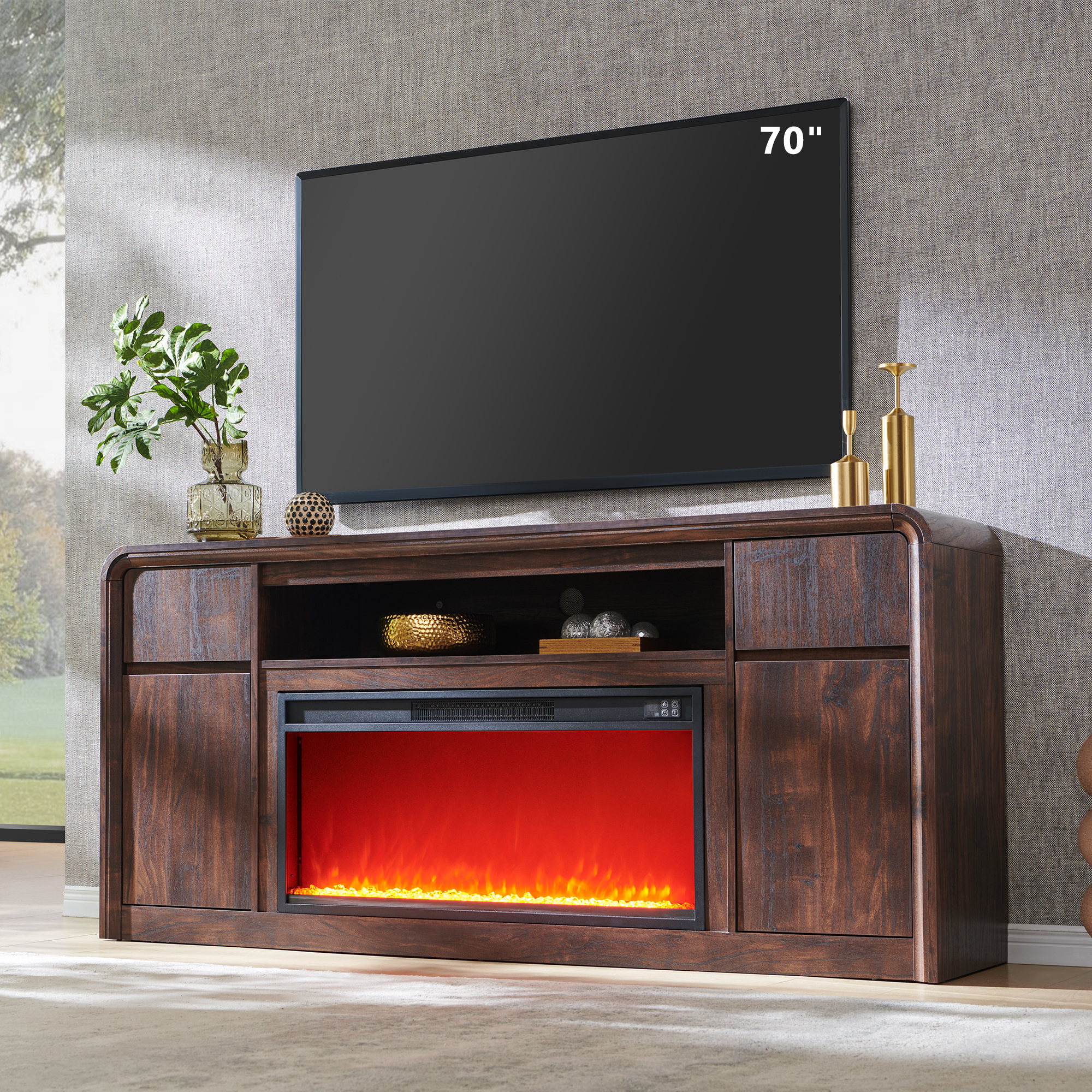 Modern Fireplace TV Stand for 75 inches TV, 36" Electric Fireplace w/ Wood Media Console, 32" Tall Entertainment Center & Adjustable Shelves for Living Room, Curved Profile Design