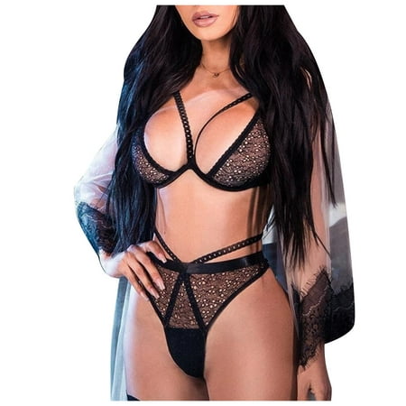 

EHTMSAK Mesh Plus Size Babydoll Lingerie Set for Women Teddy Sexy Bra and Panty Sets Strappy High Waisted Lingerie Black M
