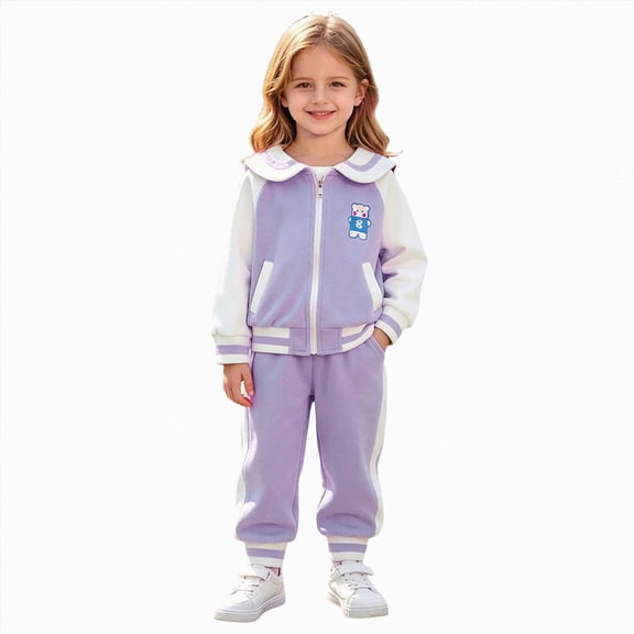 2-3 Years Teen Girls Zipper Sweatshirt And Sweatpants SetPrinted Baseball Sweatshirt Set Purple Girl Set