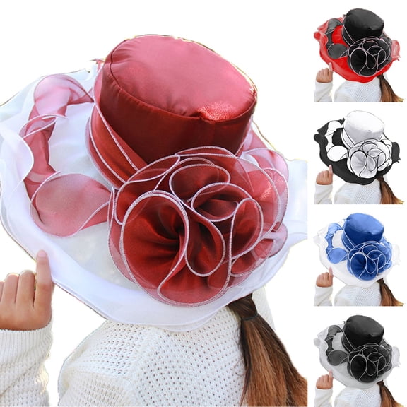 CAIXIA Derby Hats for Women 2026 Flower Mesh Feathers for Women Tea Party Flat Top Church Hat Wide Brim Derby Fascinator Hat Uv Protection Sun Hat
