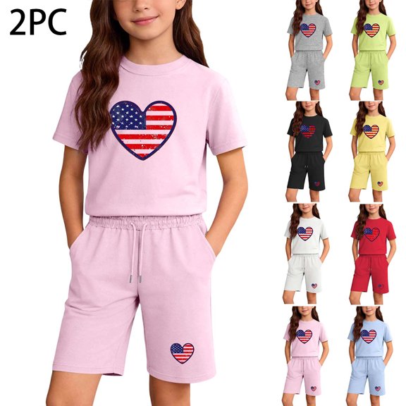 Afuyipoi Boys Girls 2PC Independence Day Sets (4-14 Years), 100%Cotton Printed Round Neck Top Elastic Waist Shorts Summer Holiday & Casual Daily Wear Pink 5T