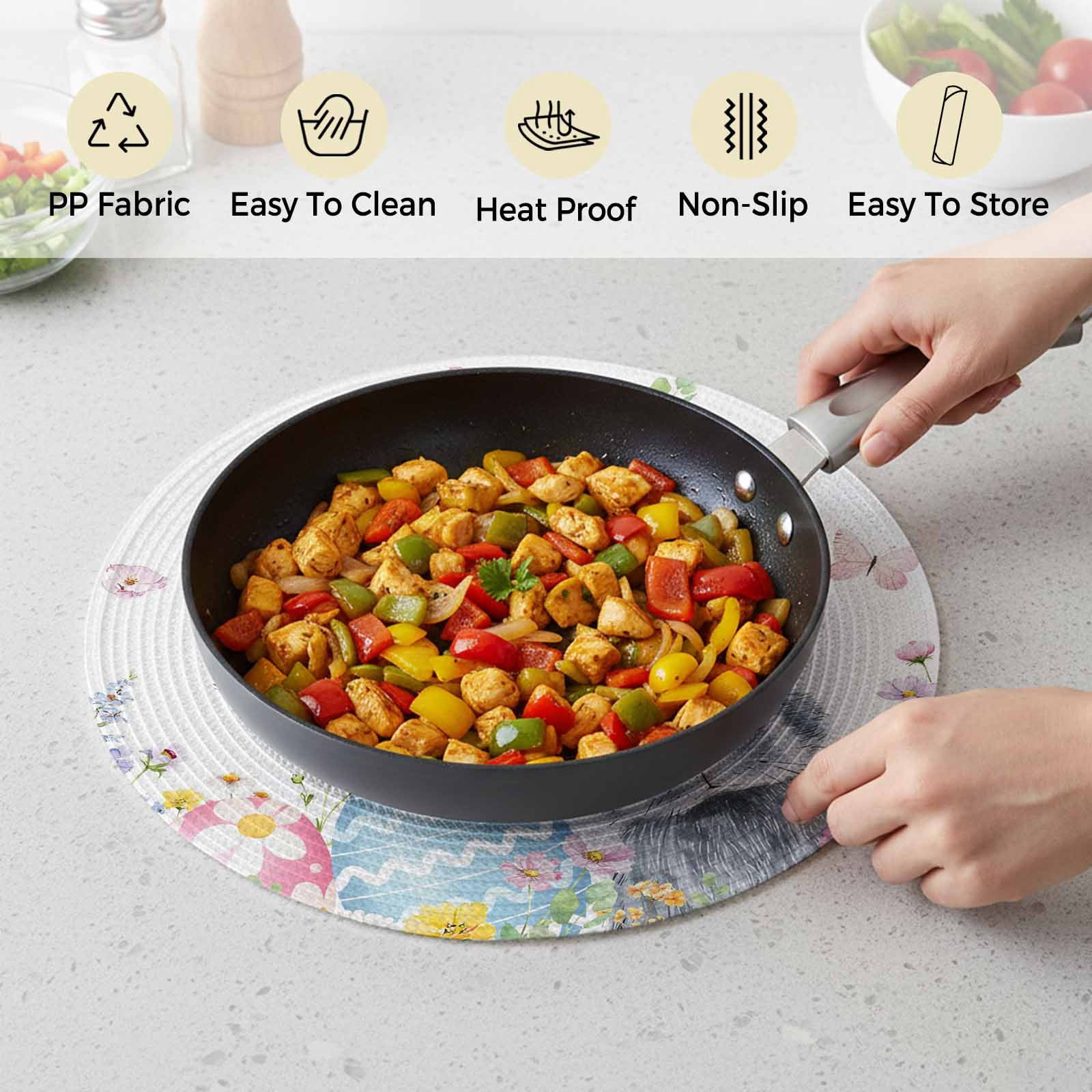 Round Woven Placemats set of 4, Easter Washable & Heat Resistan-t Plastic Wipeable Placemats for Round Table Easter Bunny Color Eggs Spring Floral Kitchen Dining Table Decor, 15in, White