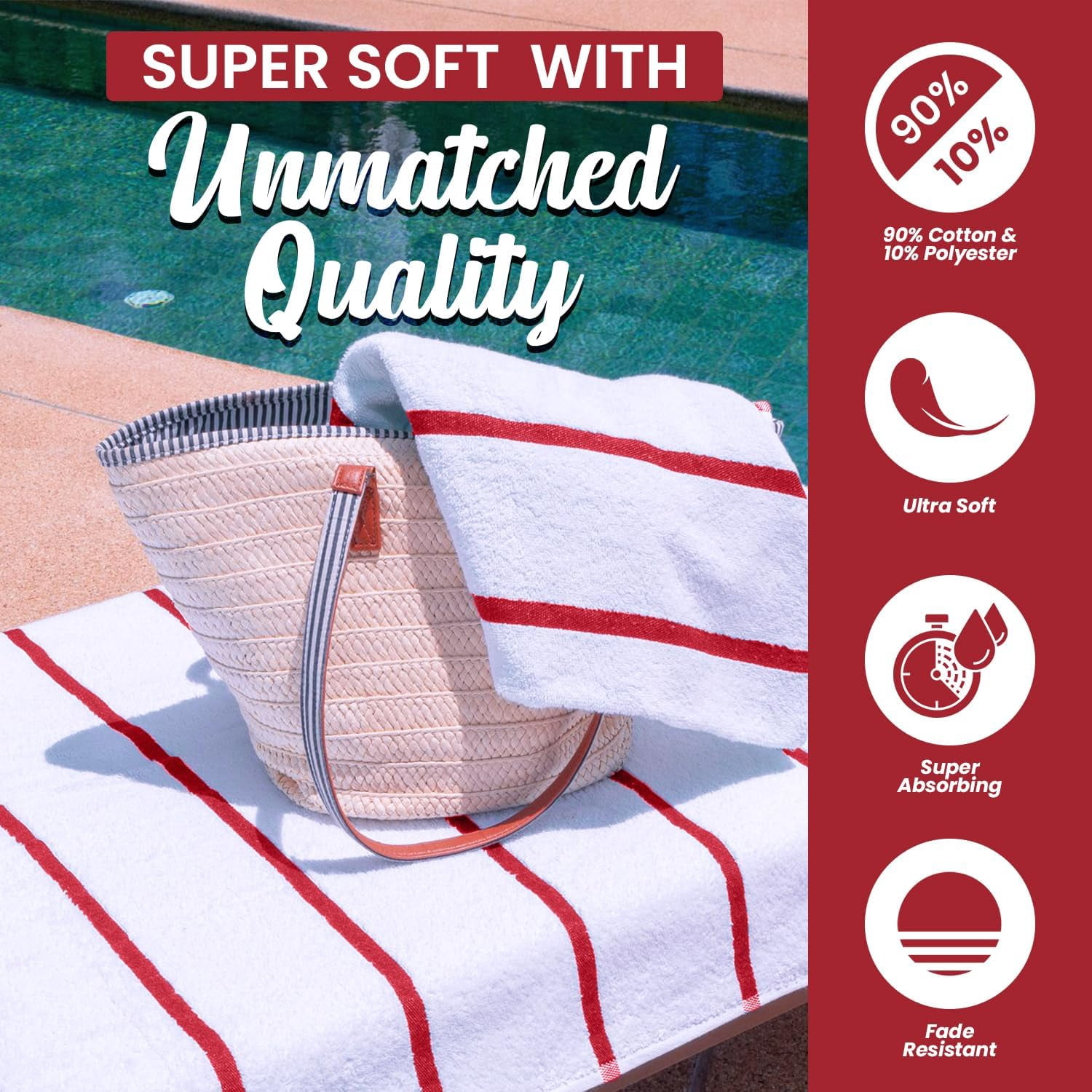 belem Red Horizontal Stripe Oversized Pool Towels Bulk 36x68-24 Pack Beach Towels Bulk - Highly Absorbent Spa & Hotel Bath Sheet - Quick Drying - Durable & Soft Towels in Bulk