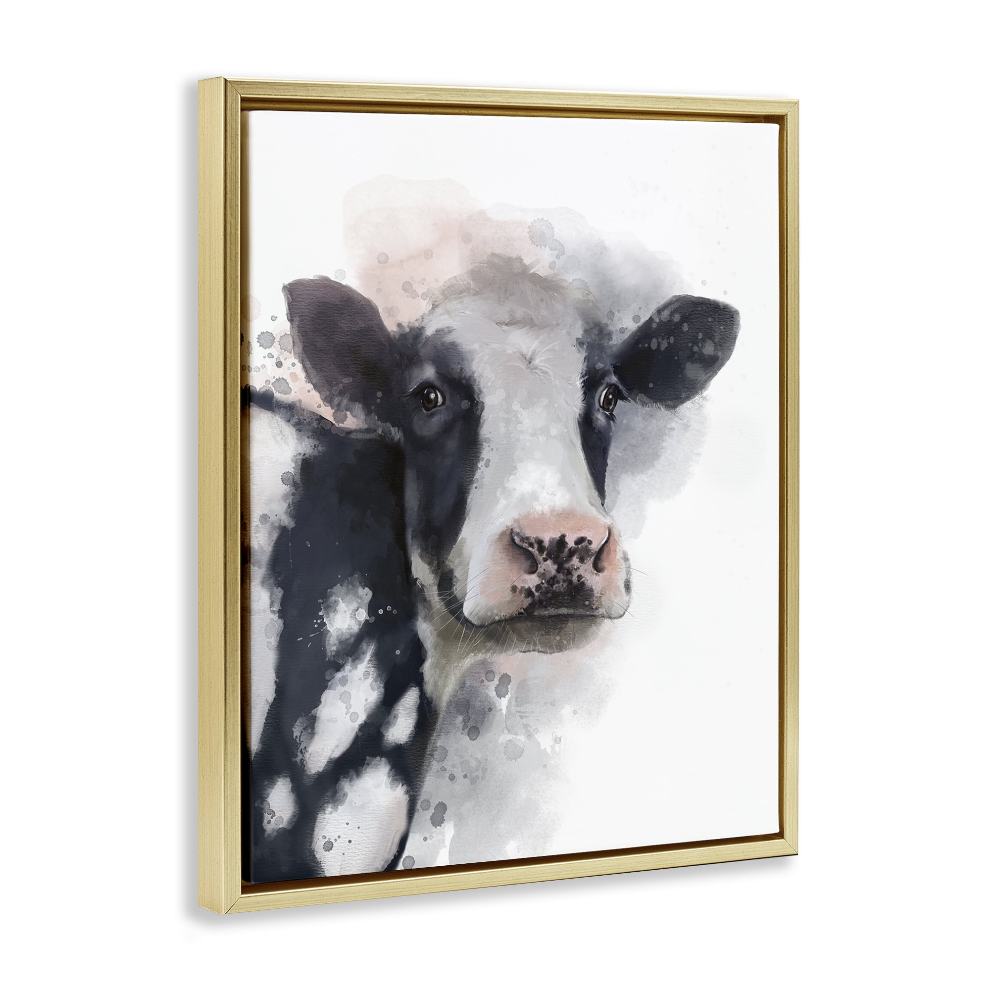Stupell Industries Black & White Calf Animals Painting Gold Floater Framed Canvas Art Print Wall Art, 17 x 21