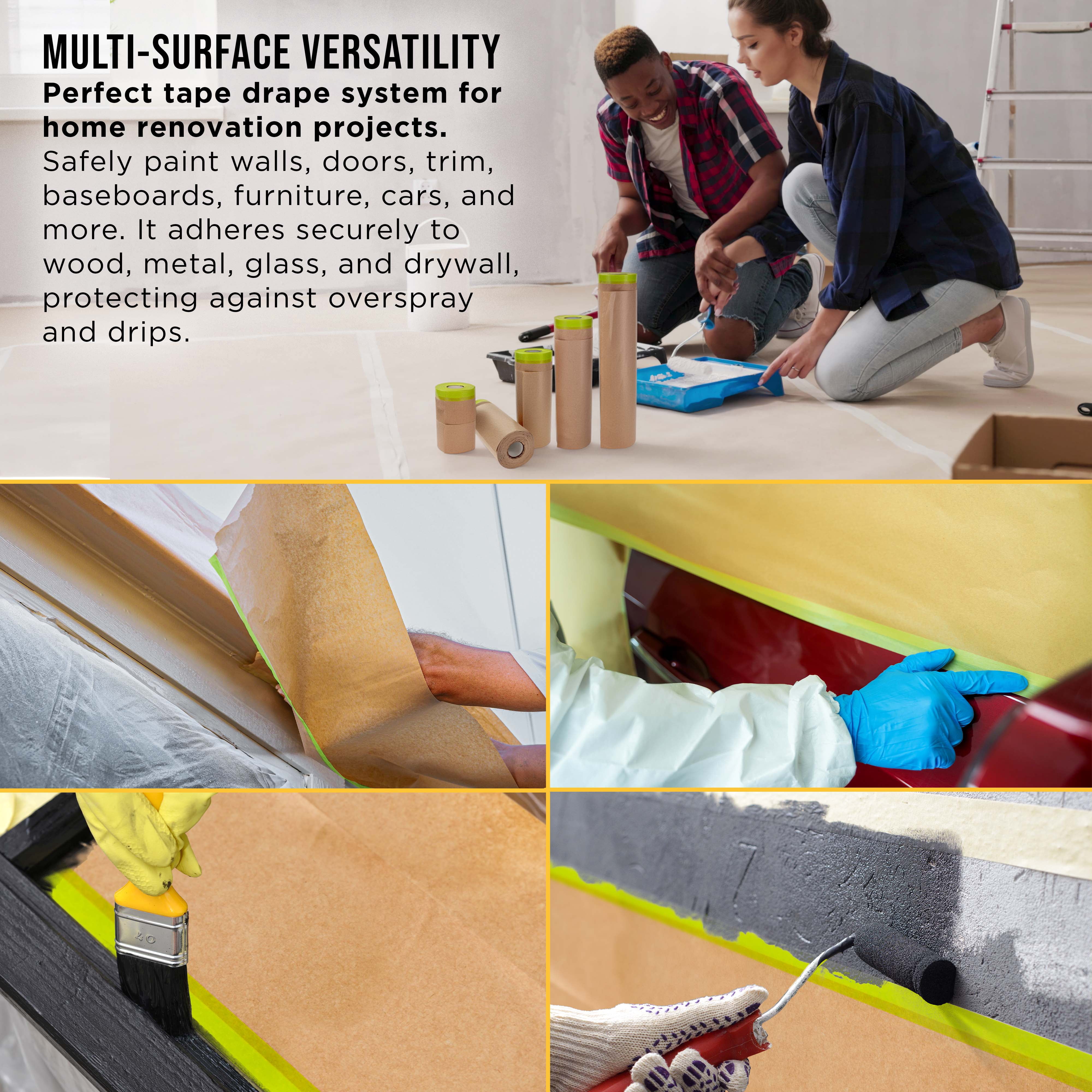 Dura-Gold Pre-Taped Masking Paper for Painting (Variety Pack 6", 12", 18", 24" x 50' Rolls) Tape and Drape Painters Paper, Protective Covering, Overspray Barrier, Home Renovation, Walls Furniture