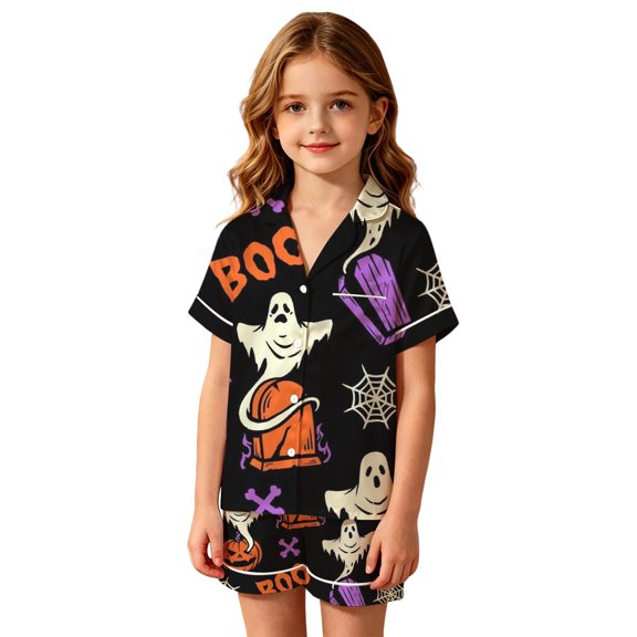 JIAYUE Girls Pajamas Set Halloween Graphic Short Sleeve Notched Collar Button Top And Shorts 2 Piece Sleepwear for Casual Bedtime,2-3 Years