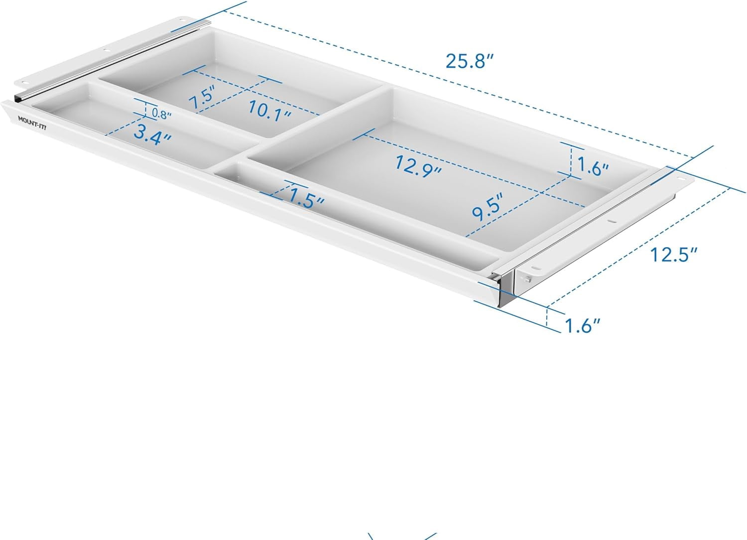 Mount-It! Under Desk Drawer with 4 Compartments, Deep Low-Profile Slide-Out Storage Organizer, 25.8″ x 12.5″ x 1.6″, SMOOTH Glide Pull-Out Tray for Traditional & Single Motor Standing Desks, White