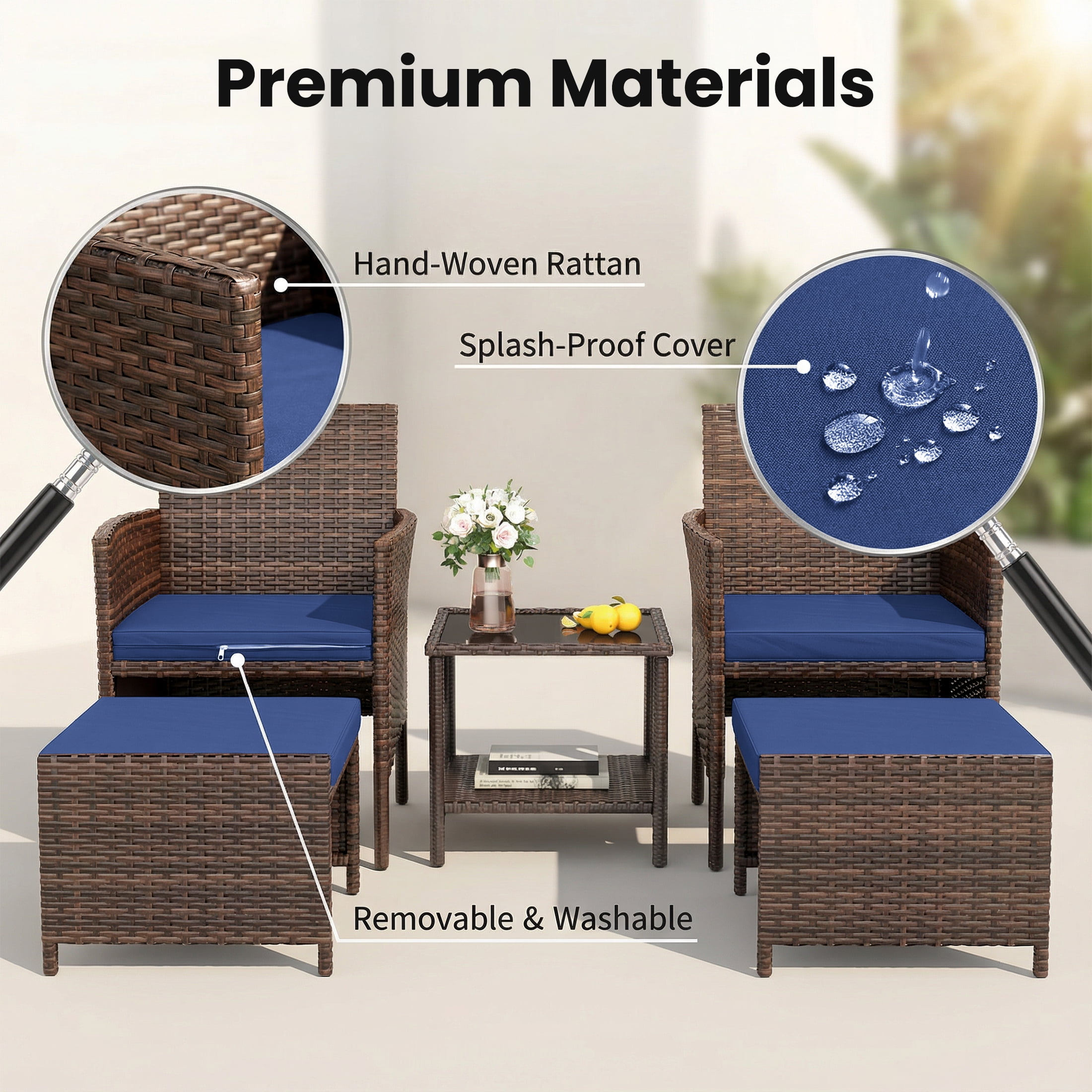 UDPATIO Balcony Furniture 5 Piece Patio Furniture Set, Outdoor Brown Wicker Chairs with Ottoman, Navy
