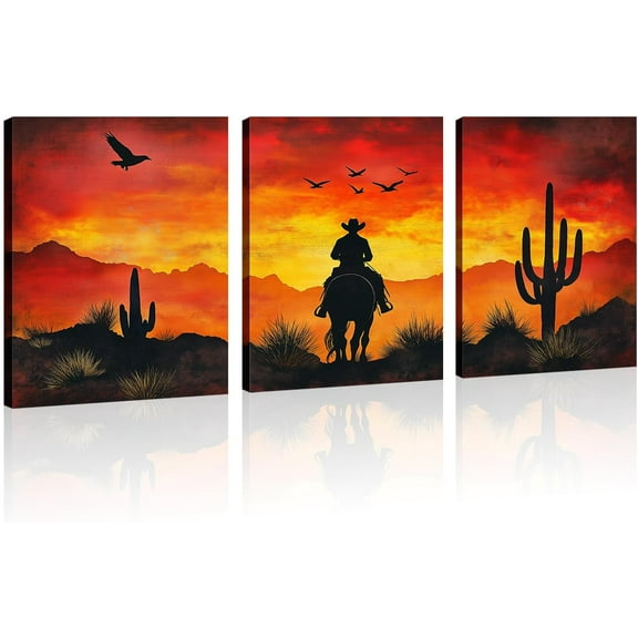 Western Wall Decor Canvas Wall Art 3 Piece Cowboy Picture Desert Cactus Sunset Painting Red Prints Southwest Artwork for Living Room Home Office Decor d(Art-2,11.00"x14.00"x3P)