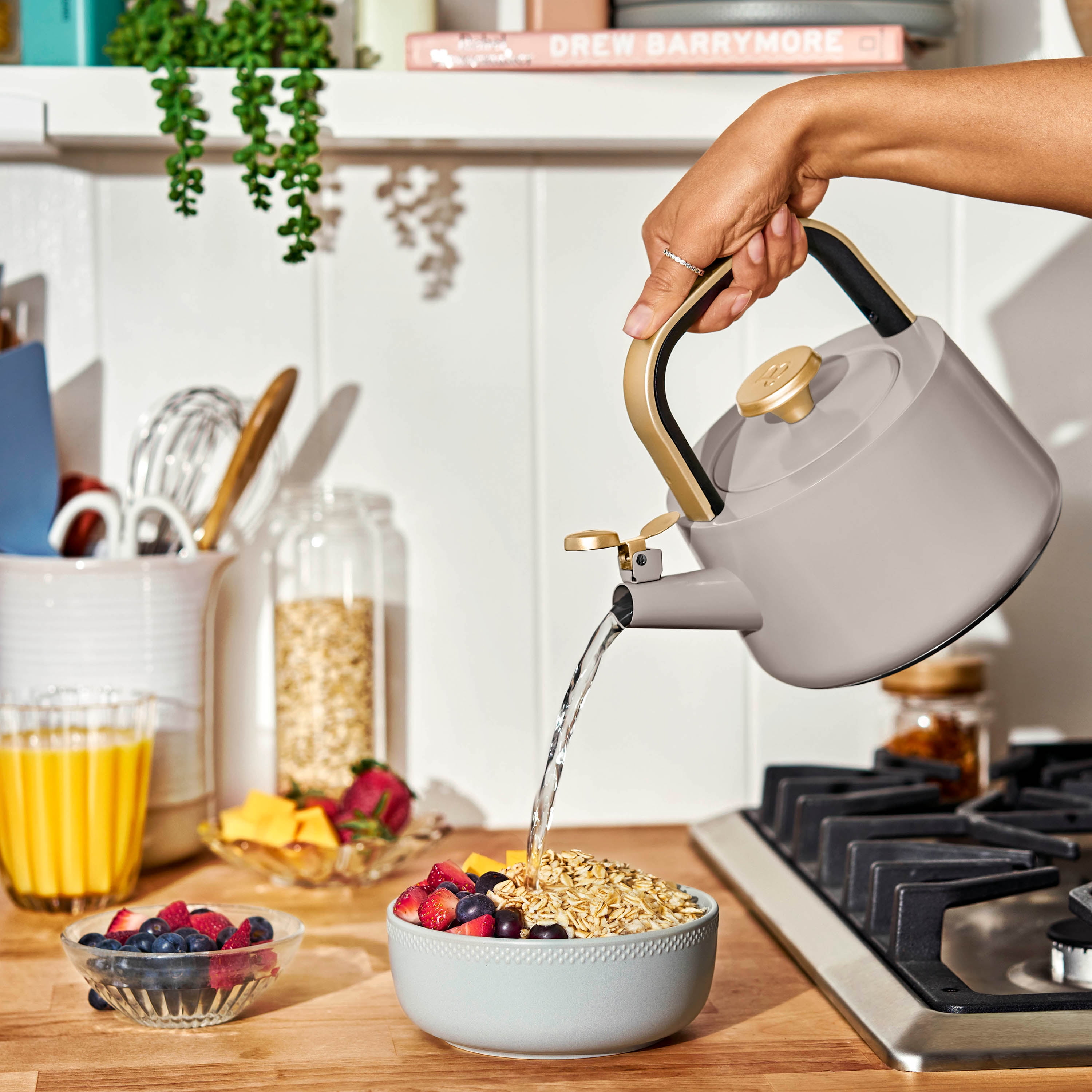 Beautiful 1.8L Ceramic Non-Stick Stovetop Tea Kettle, Porcini Taupe by Drew Barrymore