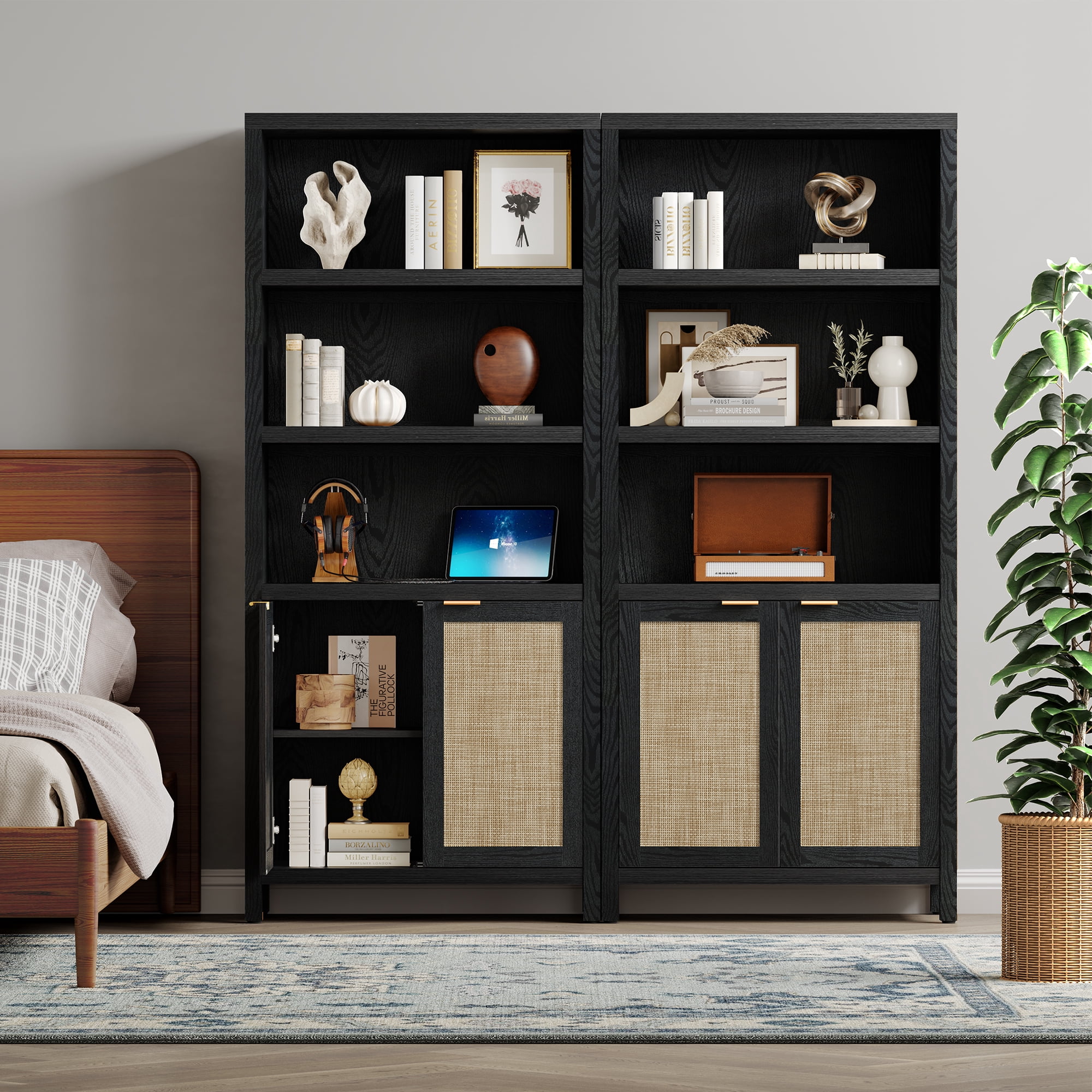 SICOTAS Rattan 5 Tier Bookshelf Set, Black 5-Shelf Library Bookcase