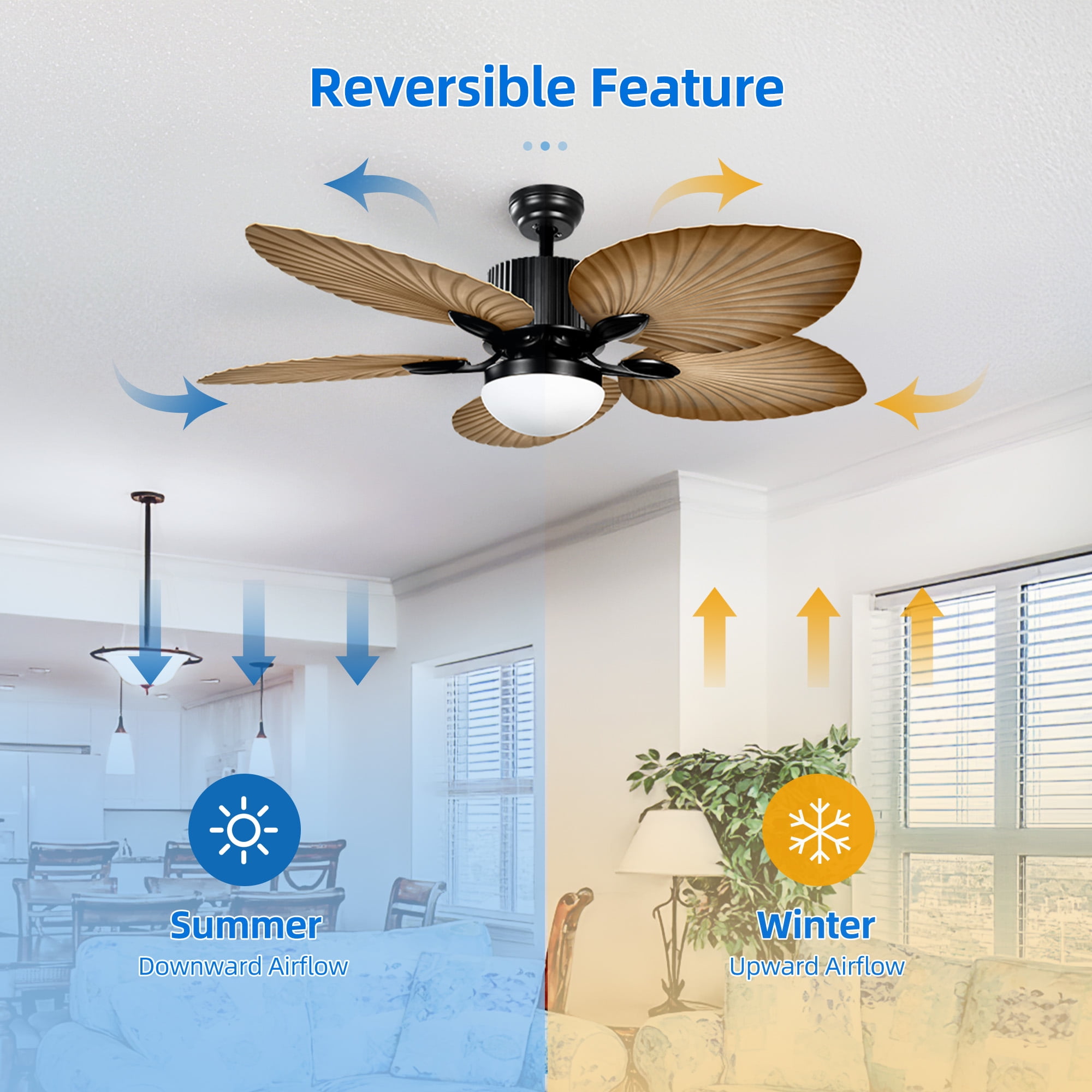 Uforic 52" Tropical Ceiling Fan with Light and Remote,5 Palm Leaf Blades Energy-efficient ceiling fan