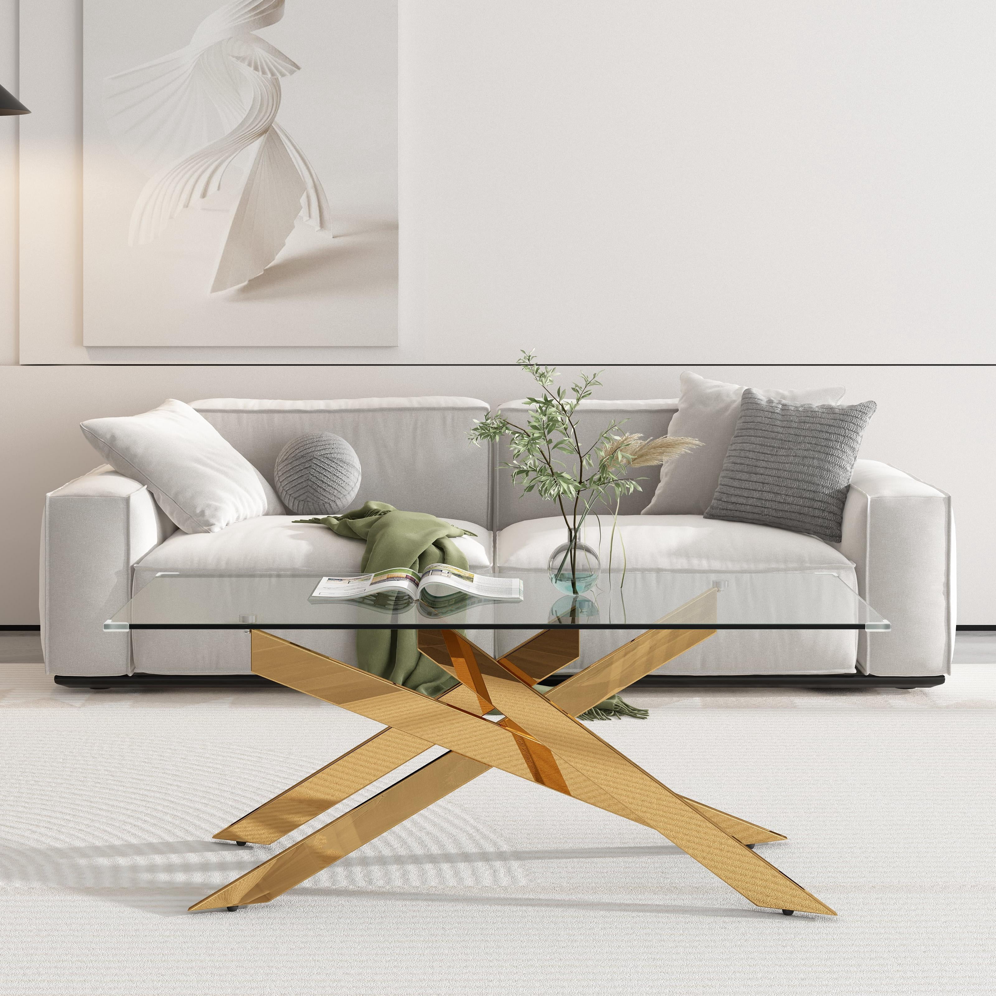 Rectangle Modern Coffee Glass Table, Tempered Glass Top and Gold Plated Metal Leg for Living Room Home Office