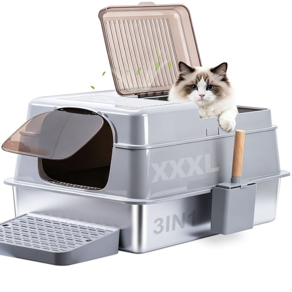 Nyutu Extra Large Stainless Steel Cat Litter Box with Lid,XXXL Stainless Steel Non Stick Litter Box with Mat and Scoop